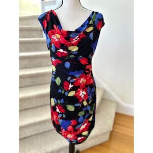 Ralph Lauren Black Red Blue Floral Cap Sleeve Ruched Sheath Dress